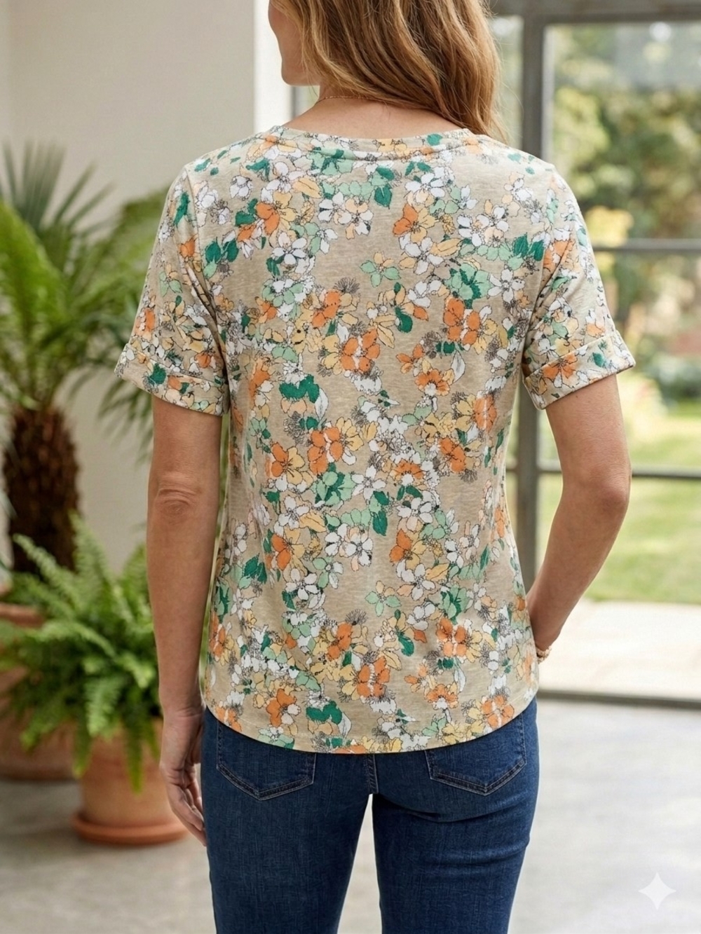 Liz Claiborne Floral Short Sleeve Tee in Beige, Orange & Green - Picture 2 of 9